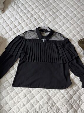 Leith Black Pleated Yoke Long-Sleeve Blouse with Sheer Neckline